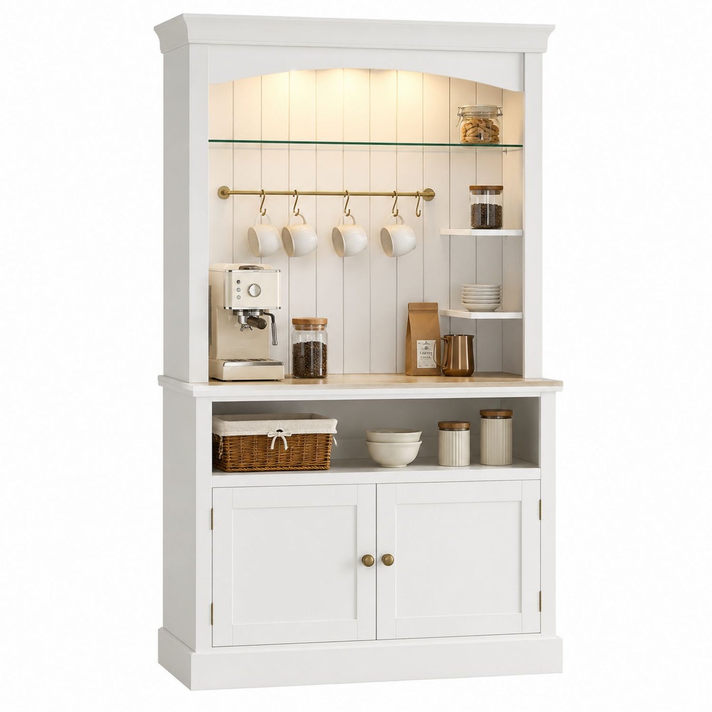 Wooden Sideboard Buffet with Shelves and Cup Hooks