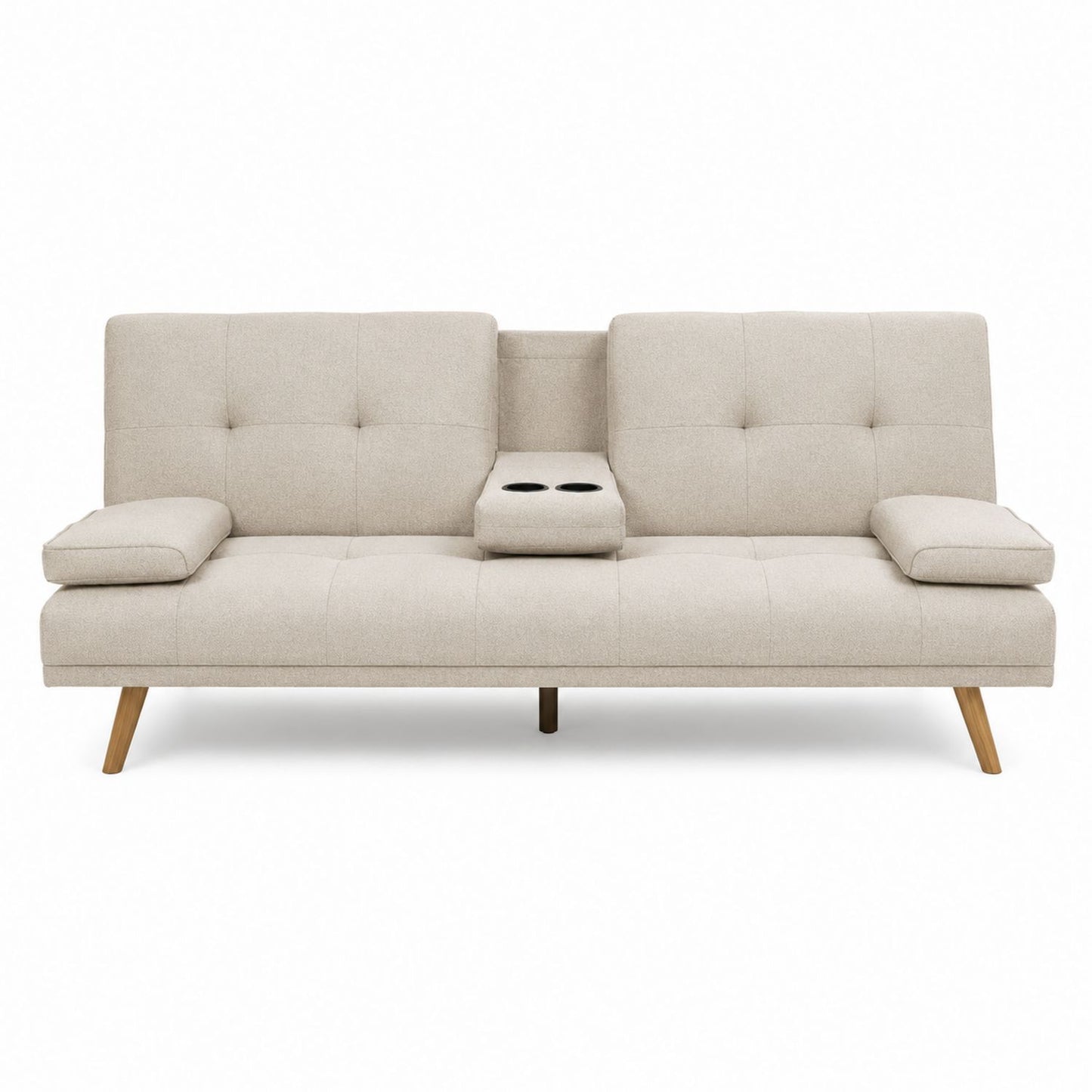 Convertible Linen Sofa with Center Console and Cup Holders Beige 180 x 85 x 80 cm