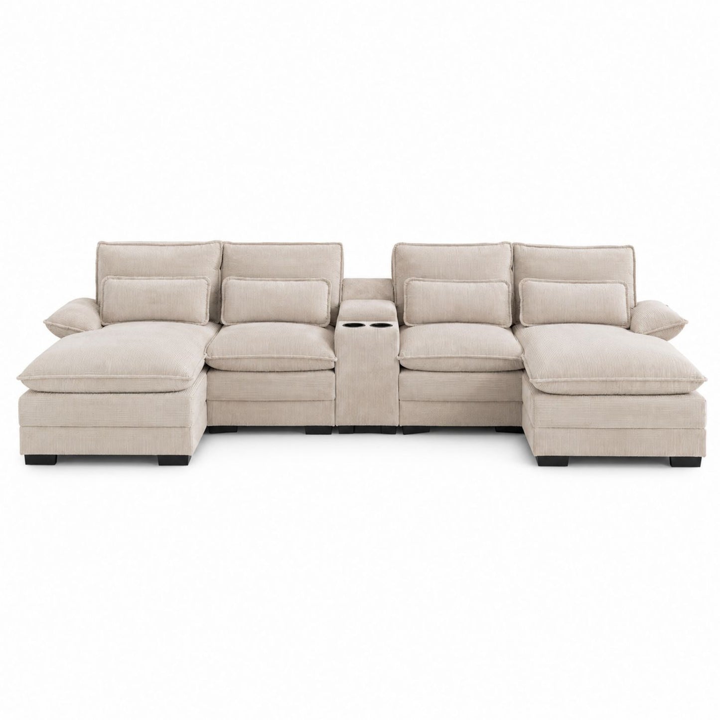 Beige Fabric Sectional Sofa Set with Cupholder and Chaise 320cm