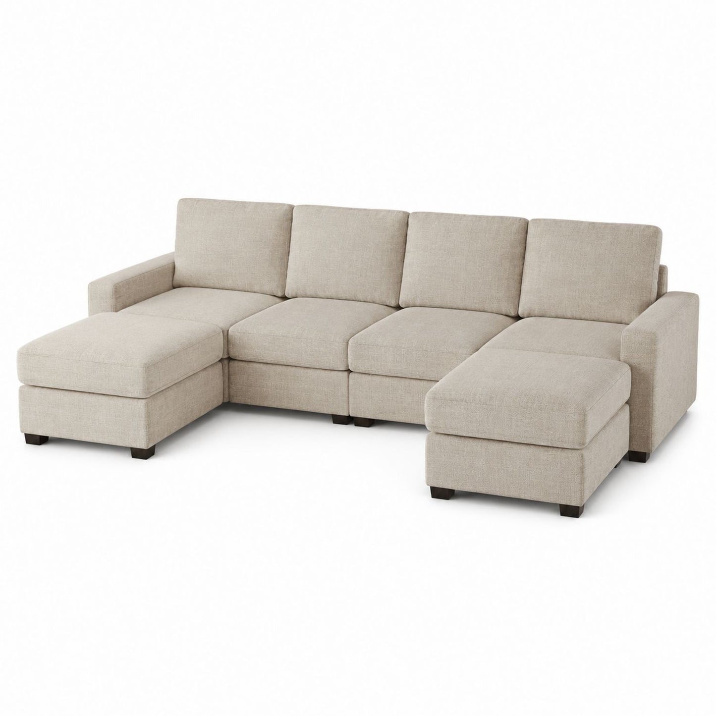 L-Shaped Sectional Sofa with Beige Polyester Fabric and Wooden Legs