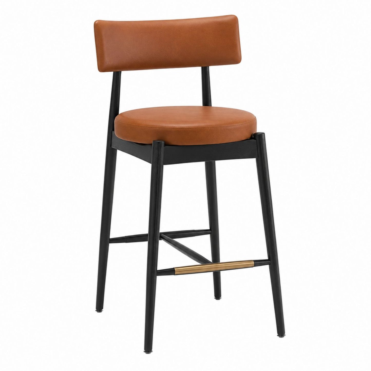 Counter Height Bar Stool Faux Leather Seat Black Frame Brown