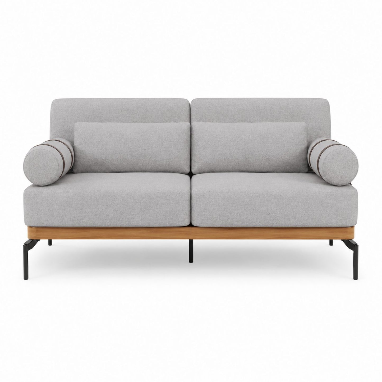 Gray Linen Fabric Two-Seater Sofa with Wooden Accents