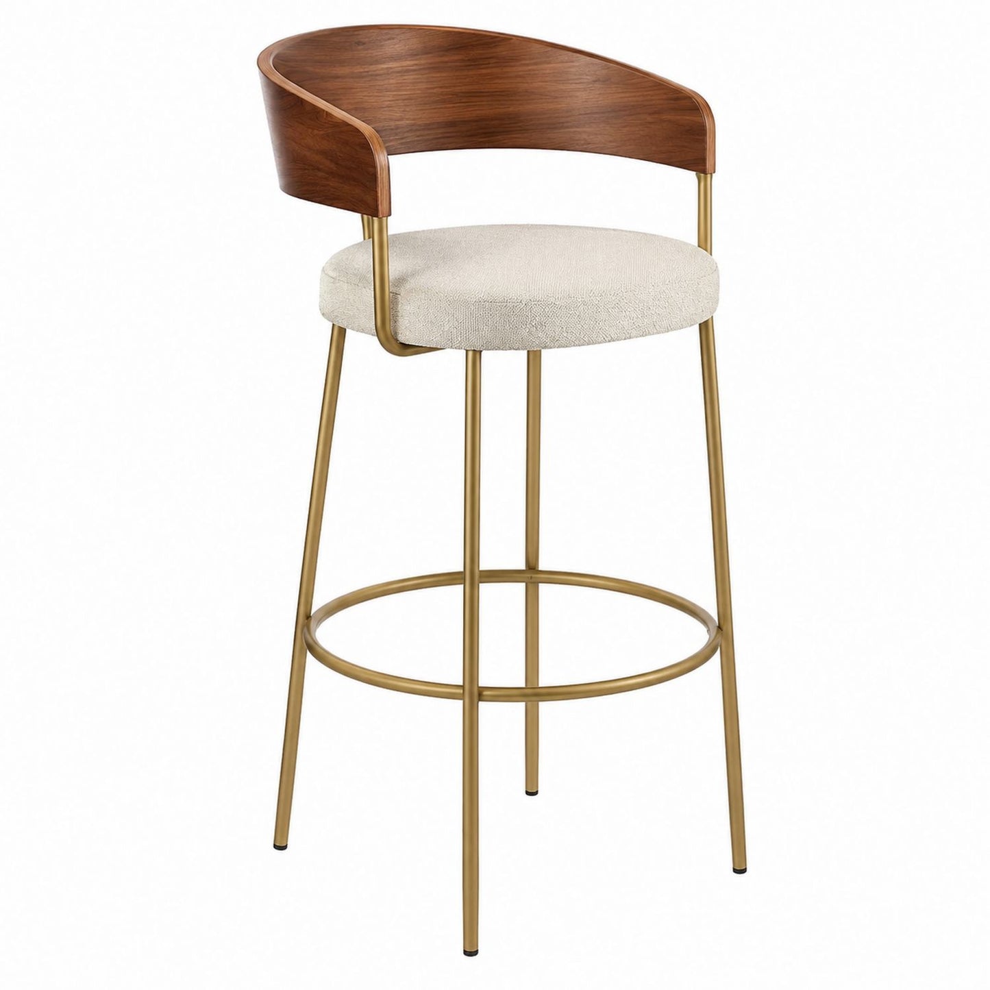 Walnut Wood and Polyester Bar Stool with Brass-Finish Metal Frame