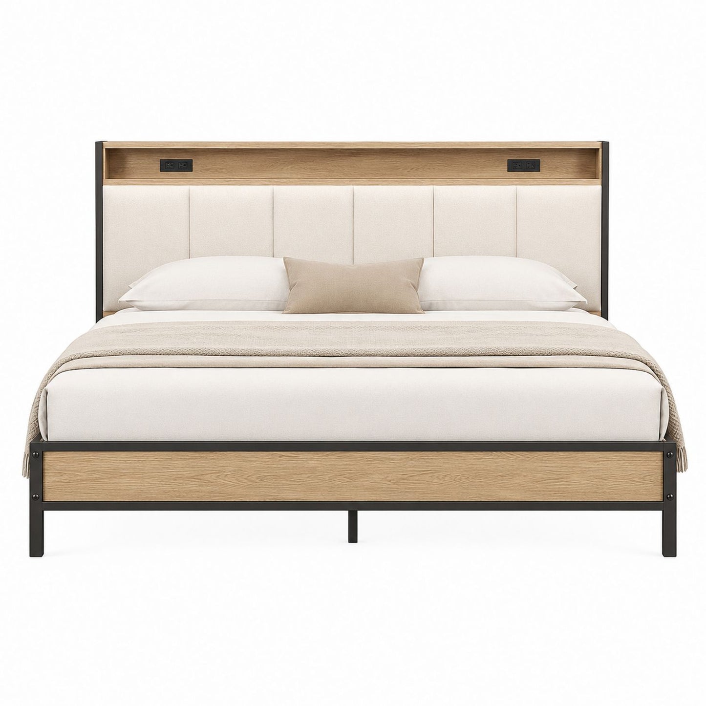 King Size Upholstered Bed with USB Ports and Wood Headboard