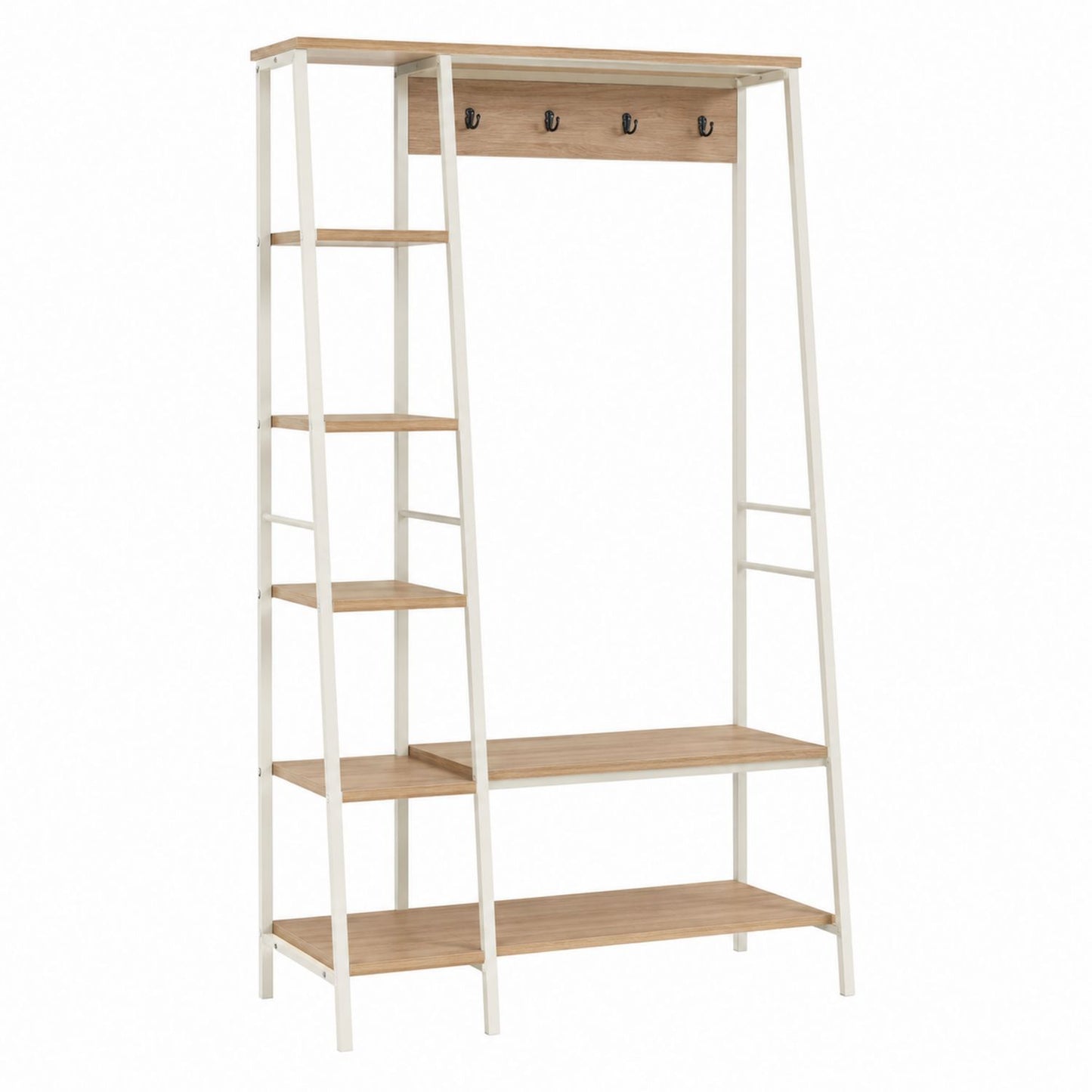 Entryway Coat Rack with Shelves Metal Frame Wood Finish Brown White