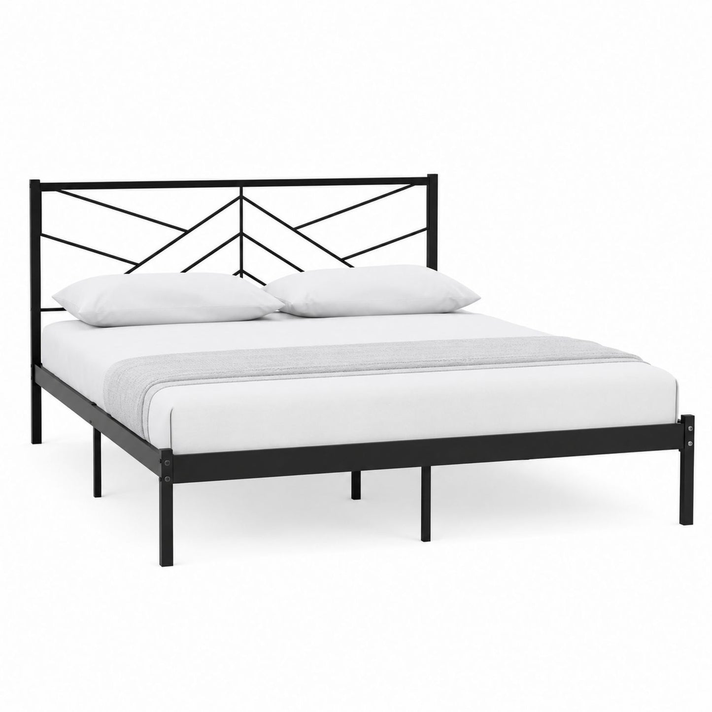 Metal Bed Frame with Geometric Headboard, Queen Size, Black