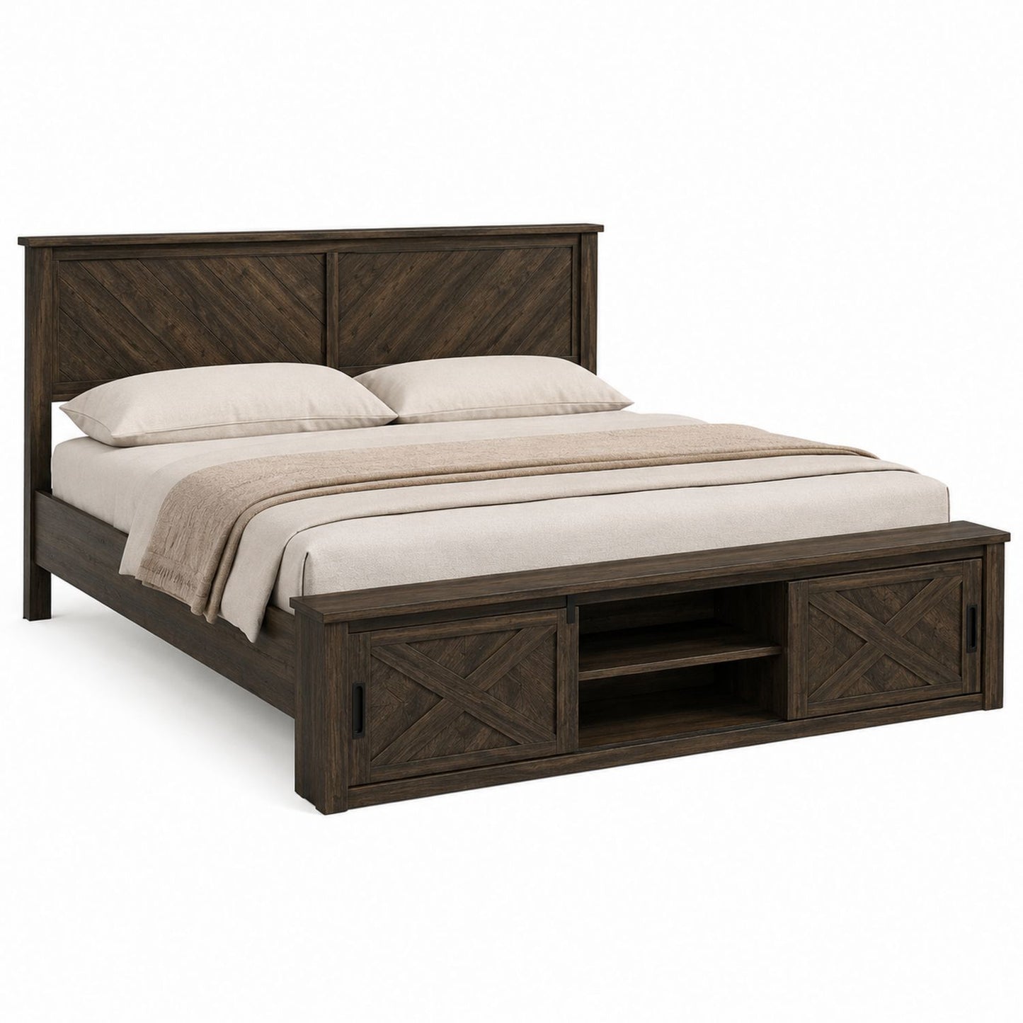 Queen Size Pine Wood Bed Frame with Storage in Dark Brown