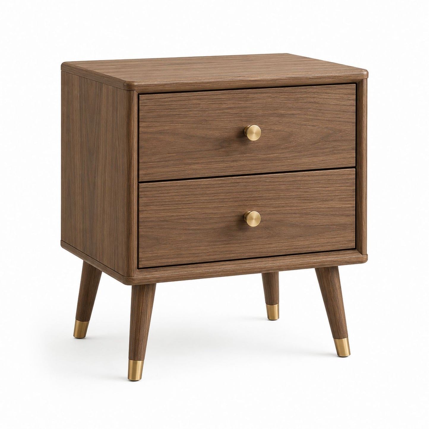 Walnut Wood Nightstand with Brass Accents and Two Drawers