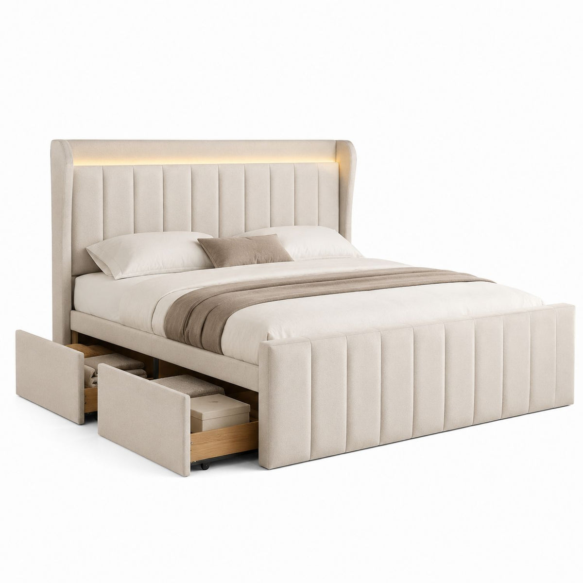 Queen Upholstered Bed with Storage and LED Headboard Beige Polyester