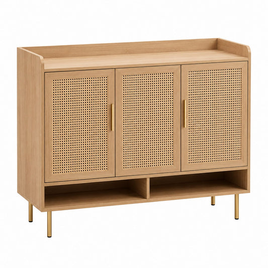 Oak Shoe Storage Cabinet with Rattan Doors and Metal Legs