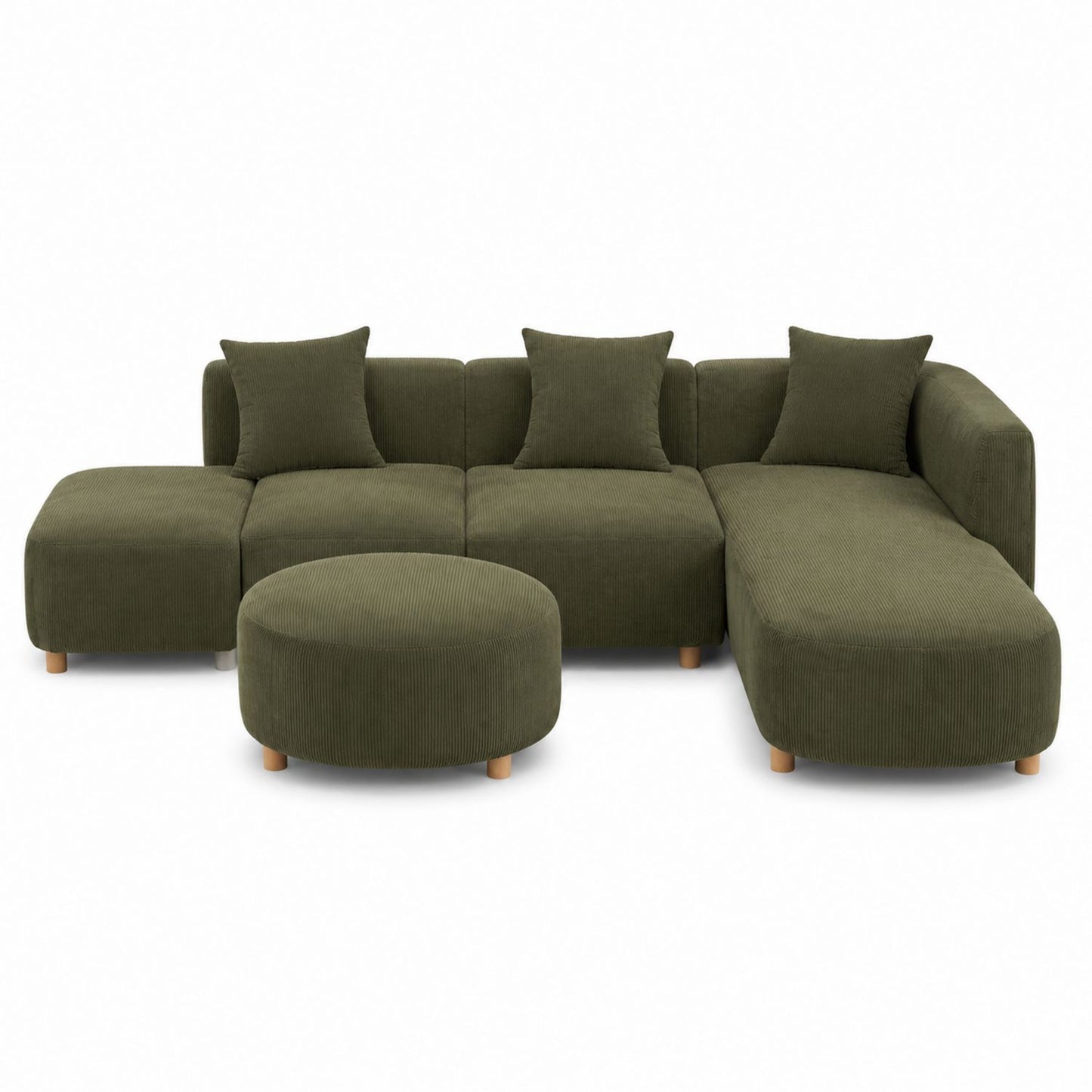 Olive Green Corduroy Upholstered L-Shaped Sectional Sofa with Ottomans and Cushions