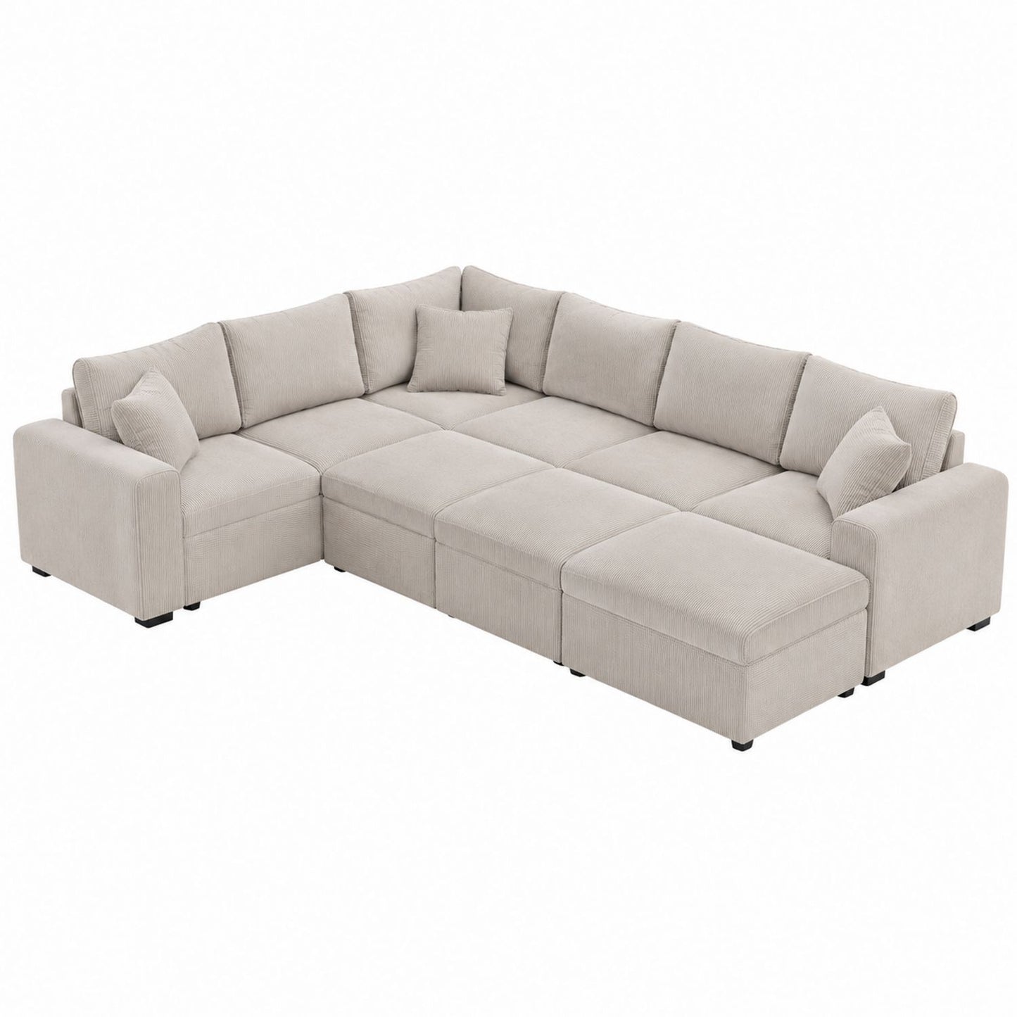 Beige Corduroy Modular Sectional Sofa with Cushions