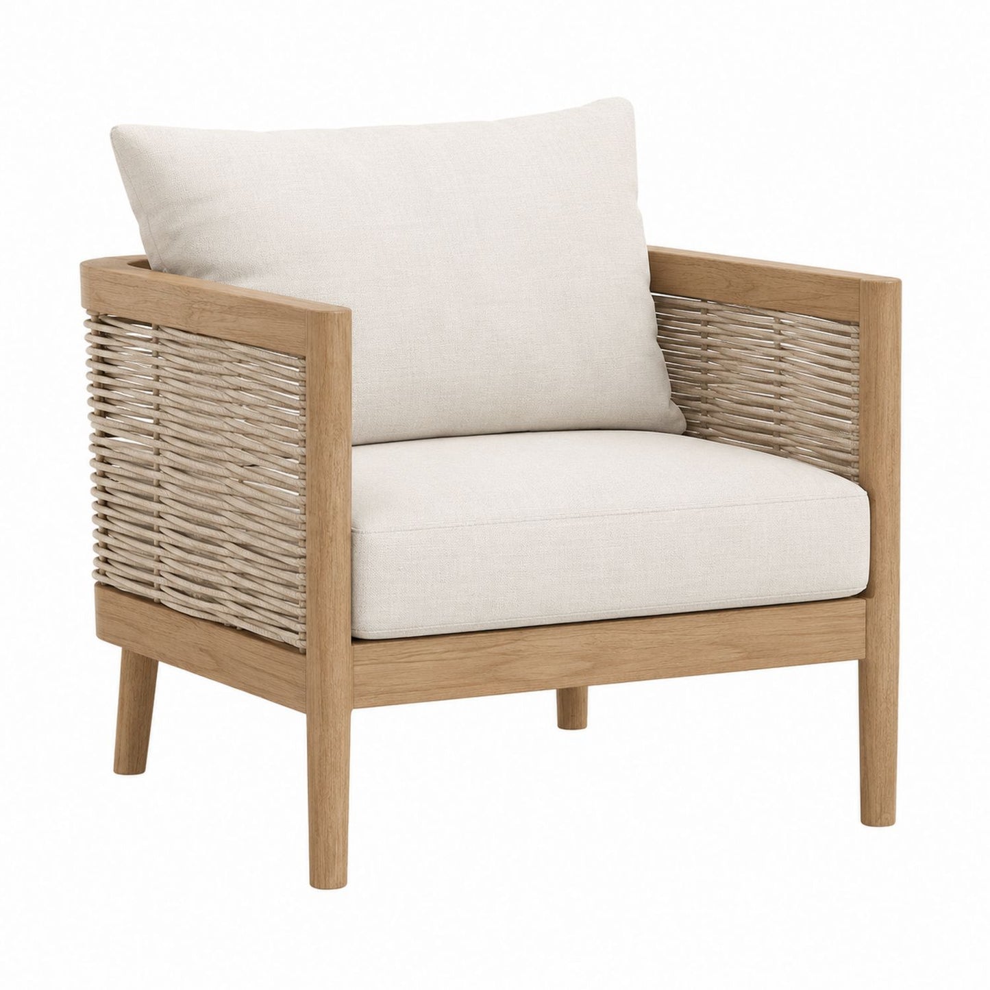 Wood and Rope Outdoor Armchair with Beige Cushions