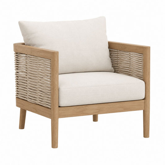 Wood and Rope Outdoor Armchair with Beige Cushions