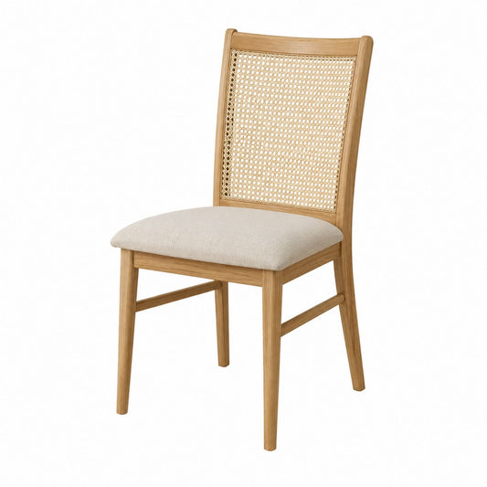 Wood Dining Chair with Rattan Back and Fabric Seat Beige