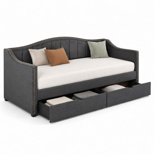 Daybed with Fabric Upholstery and Storage Drawers Grey