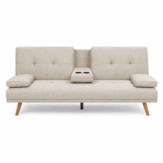 Convertible Linen Sofa with Center Console and Cup Holders Beige 180 x 85 x 80 cm