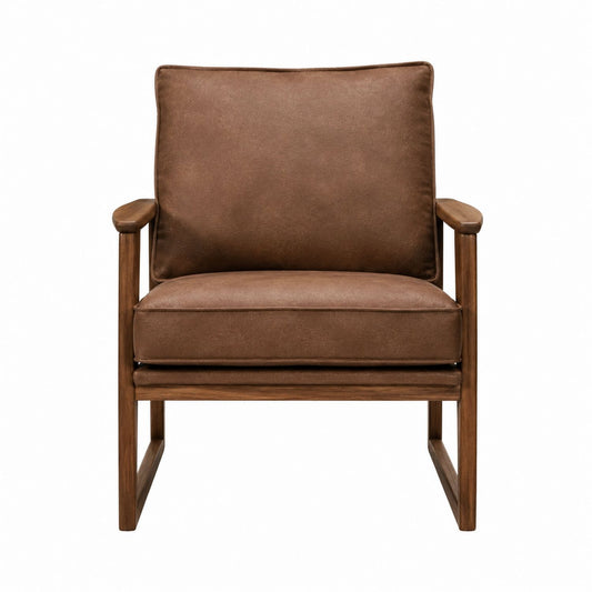 Brown Faux Leather Chair with Wooden Frame