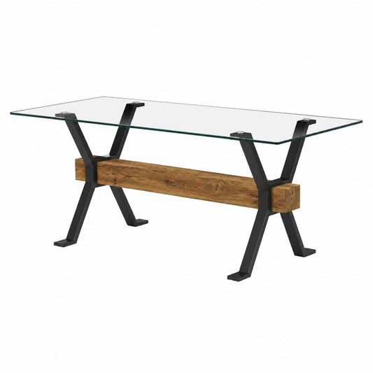 Rectangular Glass Top Dining Table with Wood Base and Metal Legs, Black
