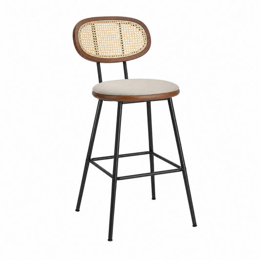 Bar Stool with Metal Frame and Rattan Backrest in Natural and Black