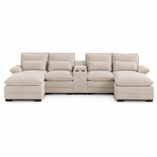 Beige Fabric Sectional Sofa Set with Cupholder and Chaise 320cm