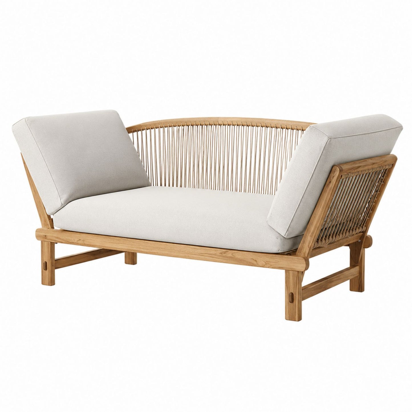 Teak Wood Outdoor Sofa with Beige Rope Backrest and Removable Cushions 200cm