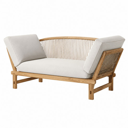 Teak Wood Outdoor Sofa with Beige Rope Backrest and Removable Cushions 200cm