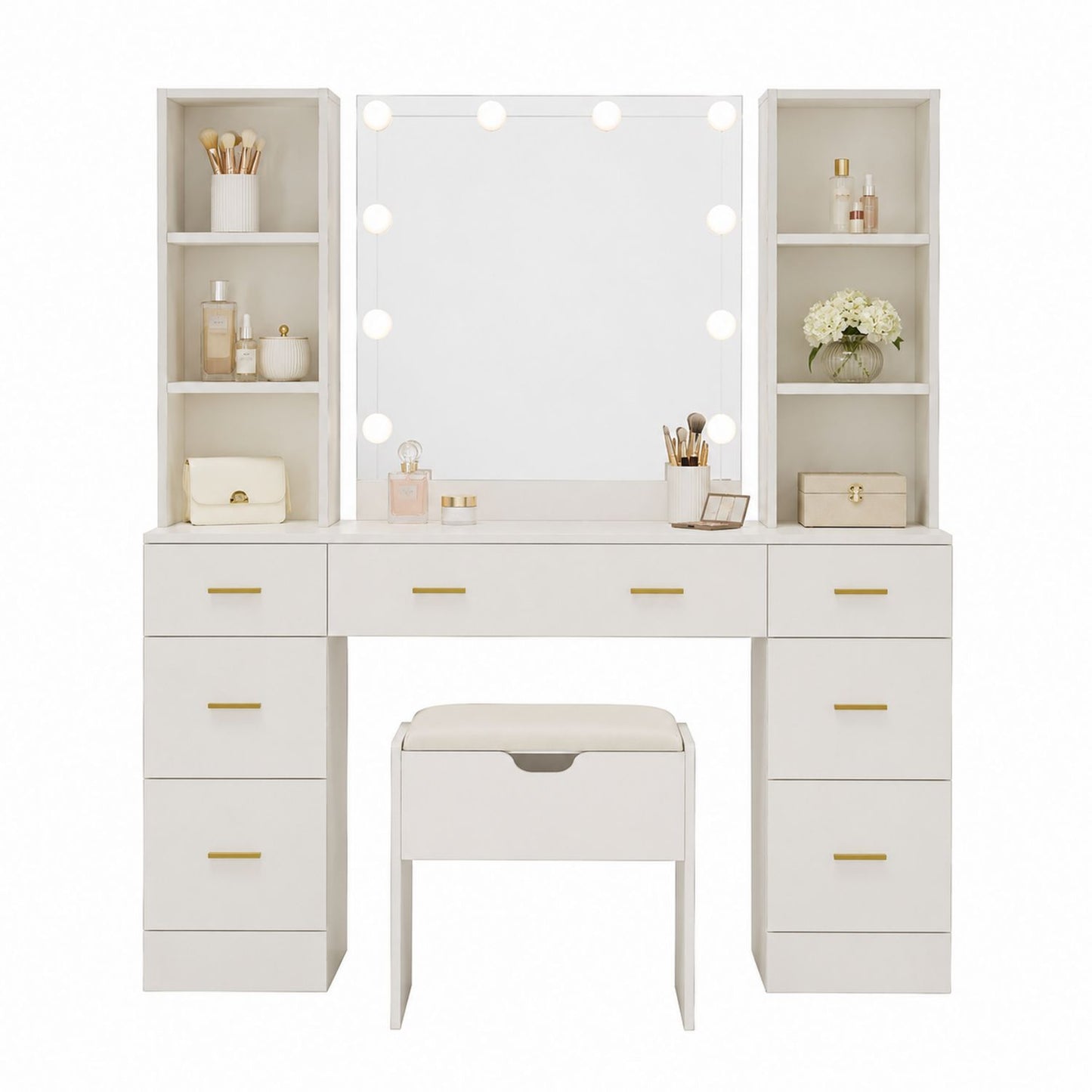 White MDF Vanity Set with Mirror and LED Lights