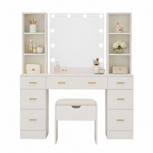 White MDF Vanity Set with Mirror and LED Lights
