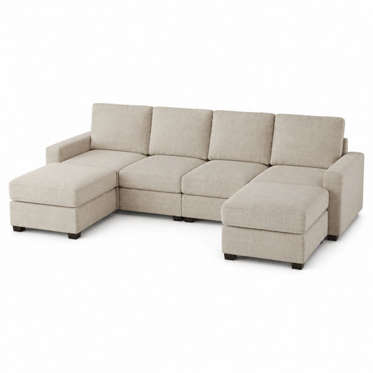 L-Shaped Sectional Sofa with Beige Polyester Fabric and Wooden Legs