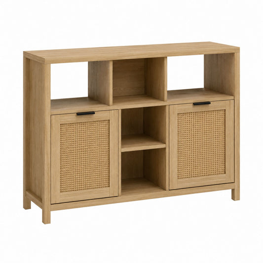 Wooden Sideboard with Rattan Doors, Natural Oak, 80cm Height