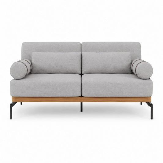Gray Linen Fabric Two-Seater Sofa with Wooden Accents