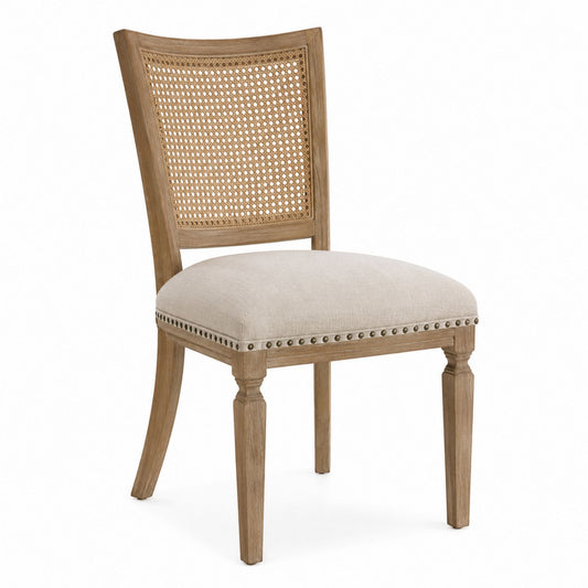 Oak Dining Chair with Rattan Back and Linen Seat Beige
