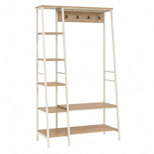 Entryway Coat Rack with Shelves Metal Frame Wood Finish Brown White