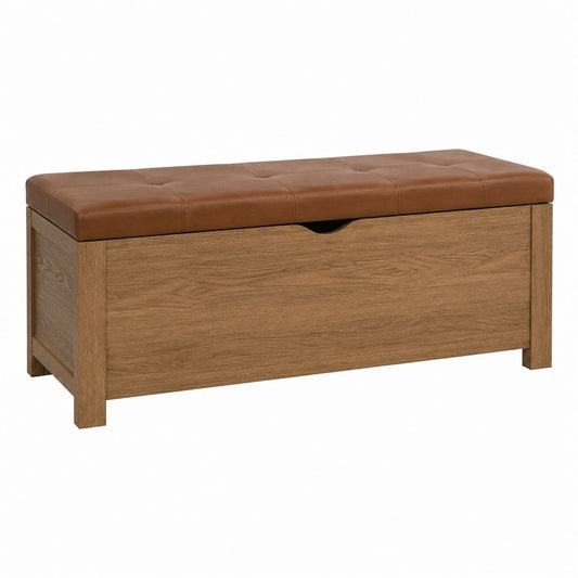 Wooden Storage Bench with Faux Leather Cushion Top in Brown 120cm