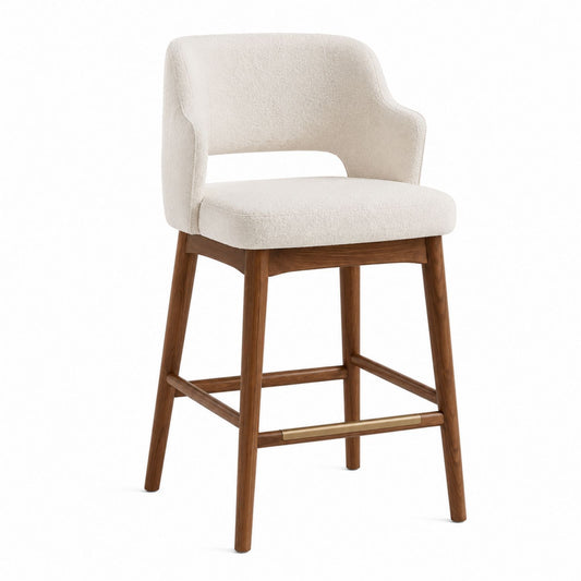 Upholstered Bar Stool with Wood Frame and Beige Fabric