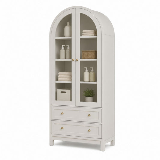 Tall MDF Storage Cabinet with Arched Glass Doors and Two Drawers White 190cm