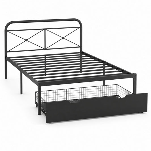 Metal Platform Bed Frame with Headboard and Storage Drawer Black