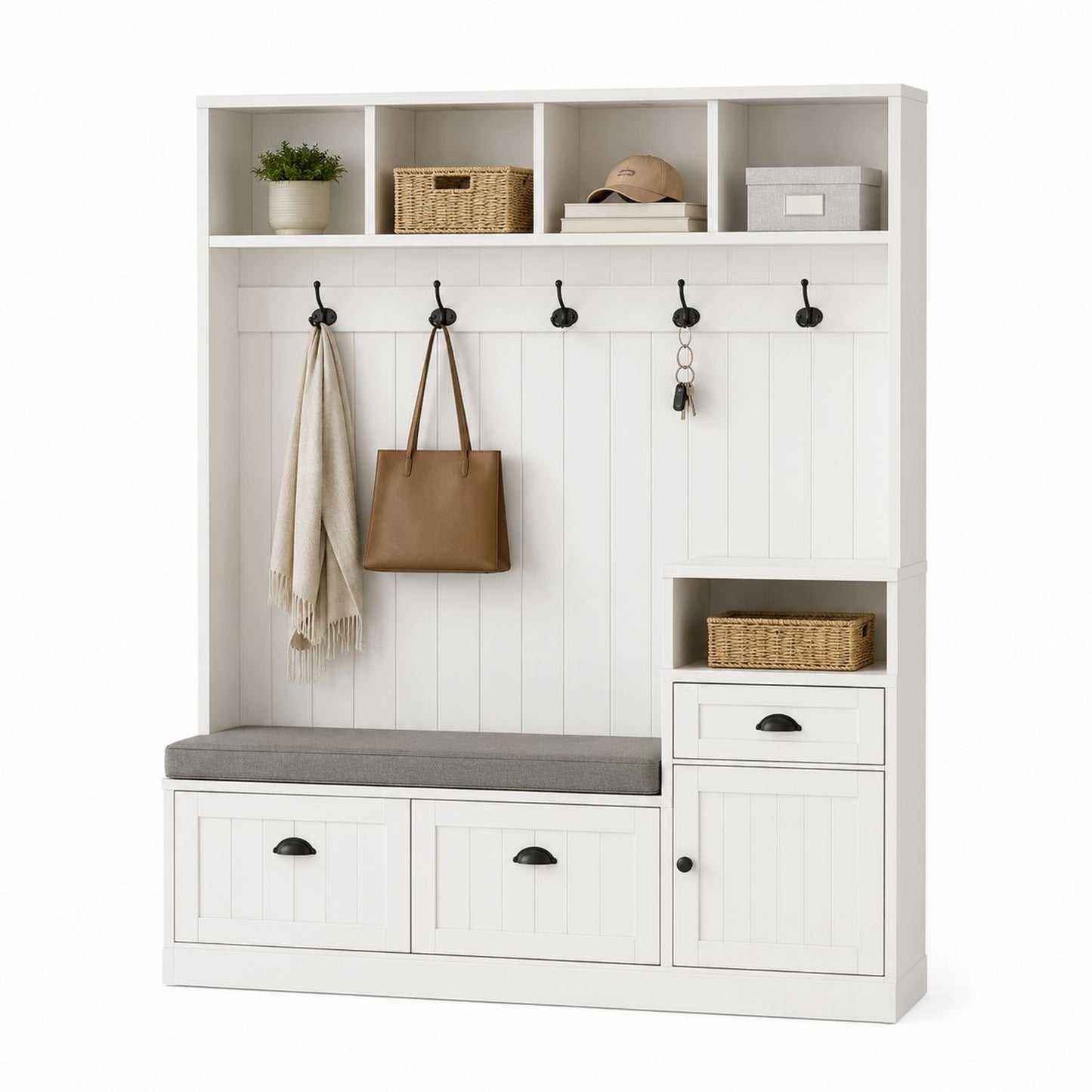 White Wood Entryway Storage Bench with Hooks and Shelves