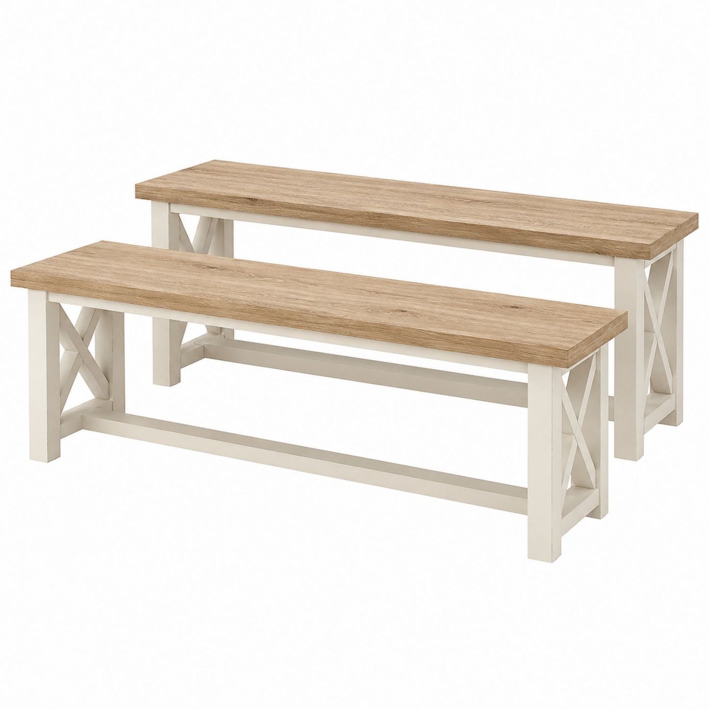 Wood and Metal Bench Set with Oak Finish Top and White Frame, 2 Pieces