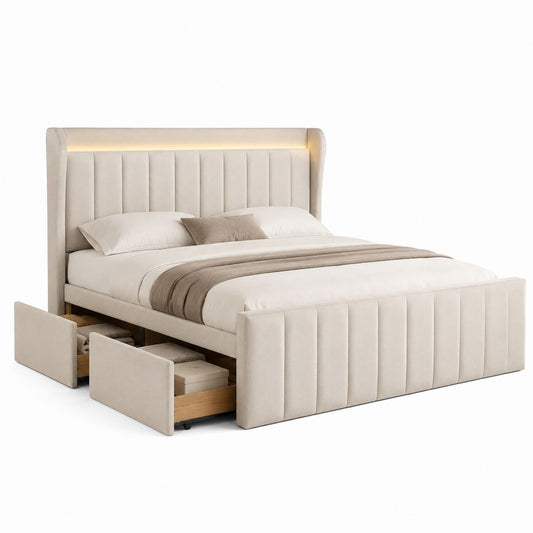 Queen Upholstered Bed with Storage and LED Headboard Beige Polyester